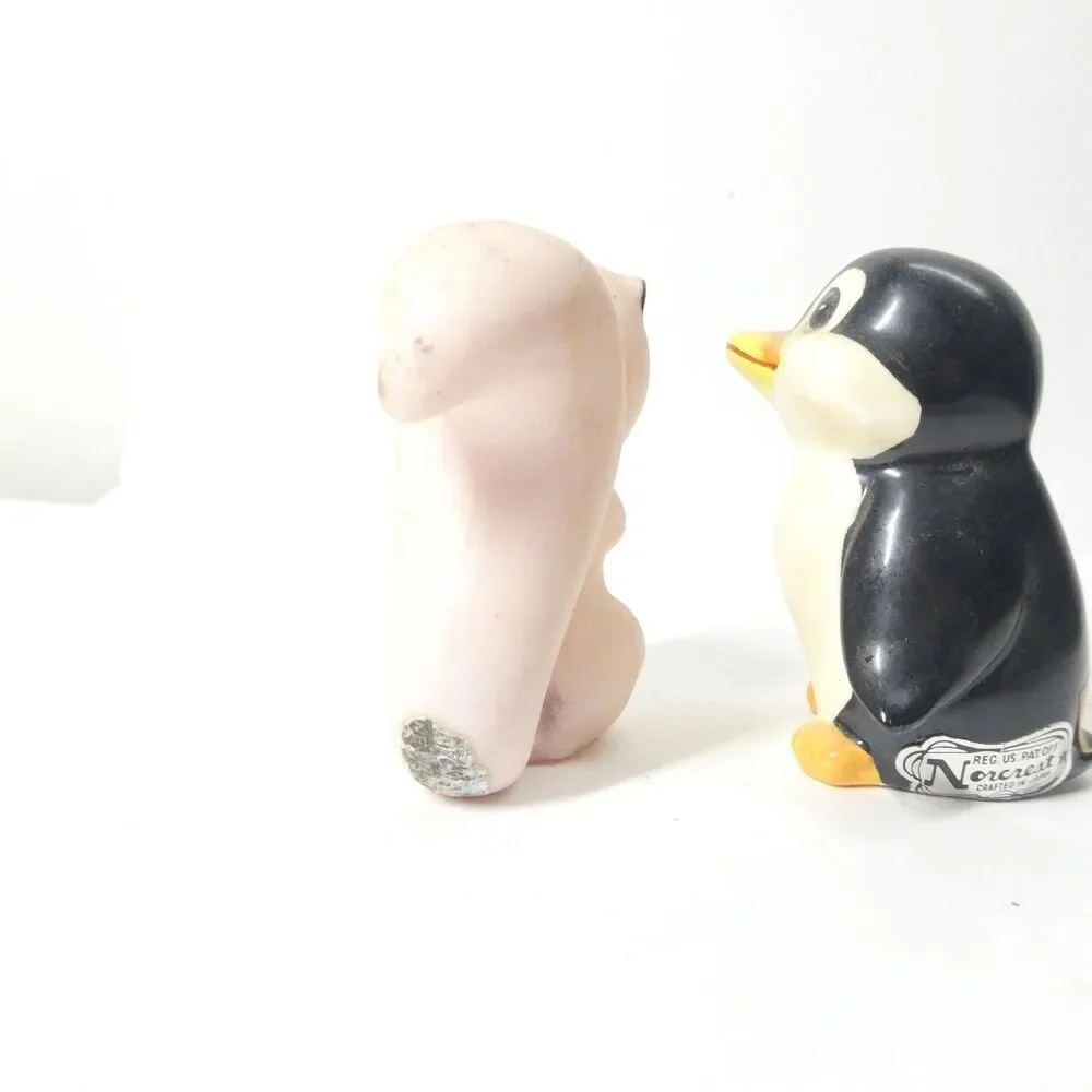 2 Norcrest Japan Salt Pepper Shakers Pink Skunk Squirrel + Penguin Vintage MCM